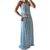Womens 2 Piece Maxi Skirt Set Halter Open Tie Back Tank Top Elegant Long Skirts Summer Beach Vacation Outfits