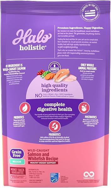 HALO HOLISTIC INDOOR CAT FOOD DRY, GRAIN FREE WILD-CAUGHT SALMON & WHITEFISH RECIPE FOR HEALTHY WEIGHT SUPPORT, COMPLETE DIGESTIVE HEALTH, DRY CAT FOOD BAG, ADULT FORMULA, 6-LB BAG