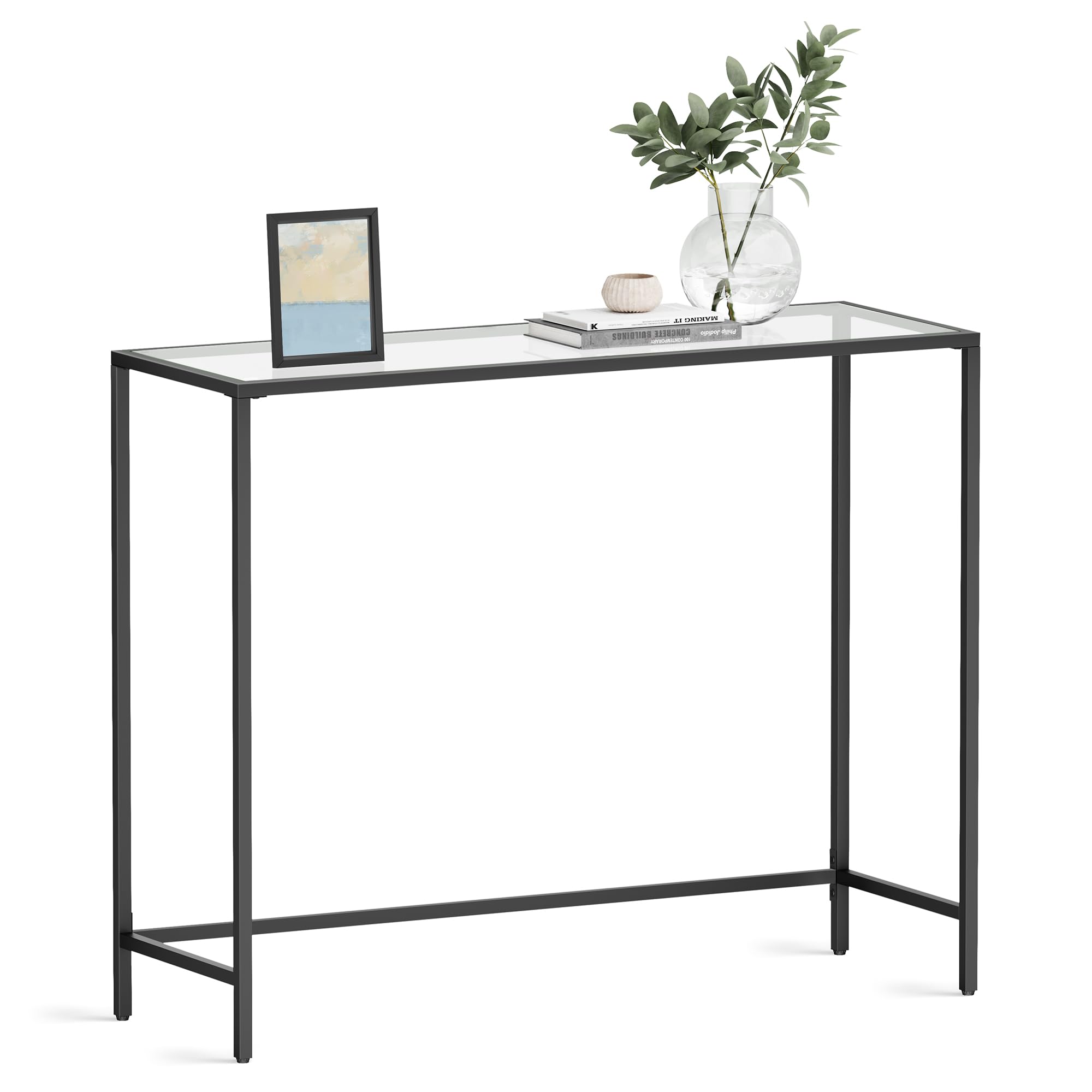 VASAGLE 39.4 Inches Console Table, Tempered Glass Sofa Table, Modern Entryway Table, Metal Frame, Easy to Assemble, Adjustable Feet, for Living Room, Hallway, Black ULGT026B01
