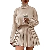 Jenisso Women's 2 Piece Outfits Turtleneck Long Sleeve Oversized Pullover Sweaters and Pleated Mini Skirt Two Piece Sets