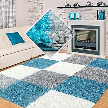 Carpet 1001 Hochflor Langflor Wohnzimmer Shaggy Teppich Kariert
