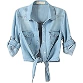 American Trends Women's Denim Shirt 3/4 Sleeve Tie Front Top Knot Chambray Cardigan Button Shirt Jean Crop Top Jacket