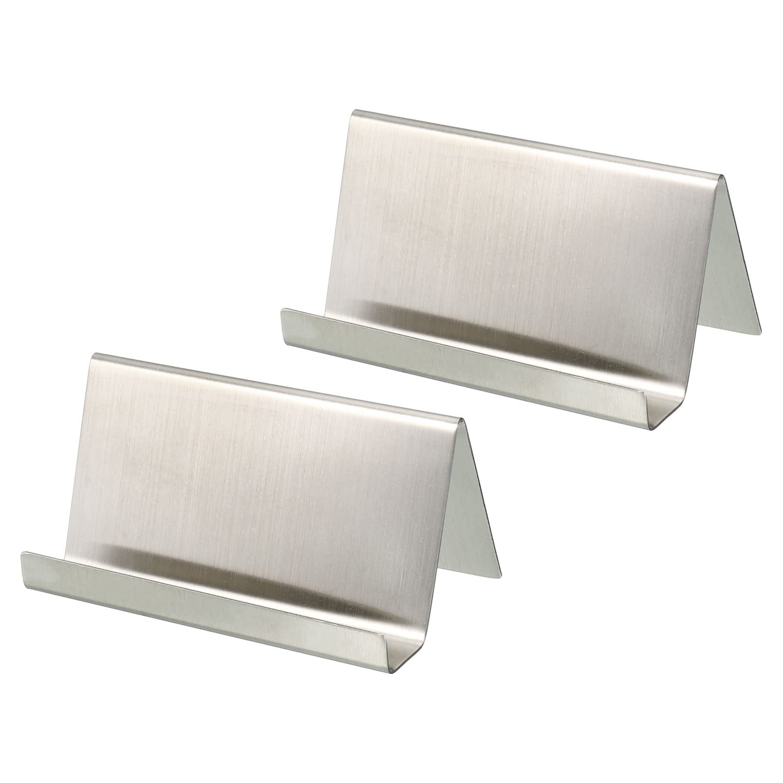 PATIKIL Business Card Holder, 2 Pack Brushed 304 Stainless Steel Desktop Name Cards Display Stand for Office Desk, Silver