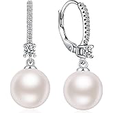 Miaofu 18k White Gold Plated Pearl and Diamond Earrings 925 Sterling Silver Pearl Earrings Fine Jewelry for Women