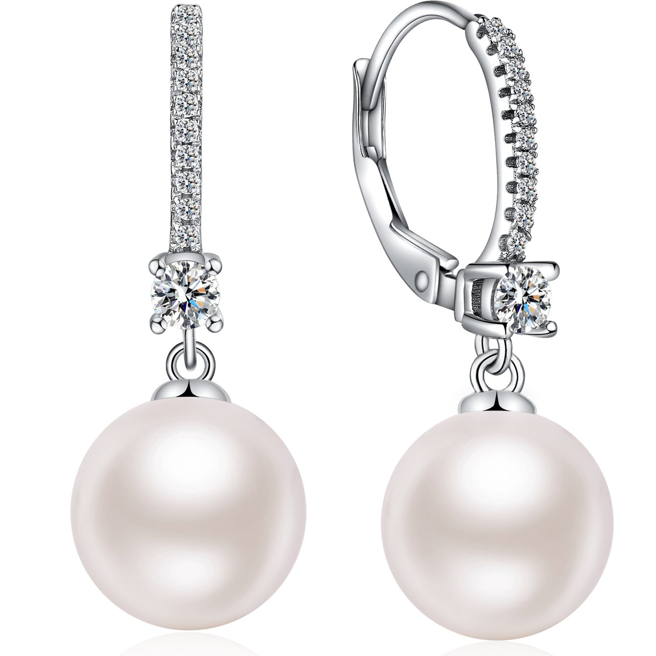 Faux Pearl Dangle and Hoop Earrings - Studs, Drop and Leverback Designs - White Imitation Pearls with Diamond Clasp
