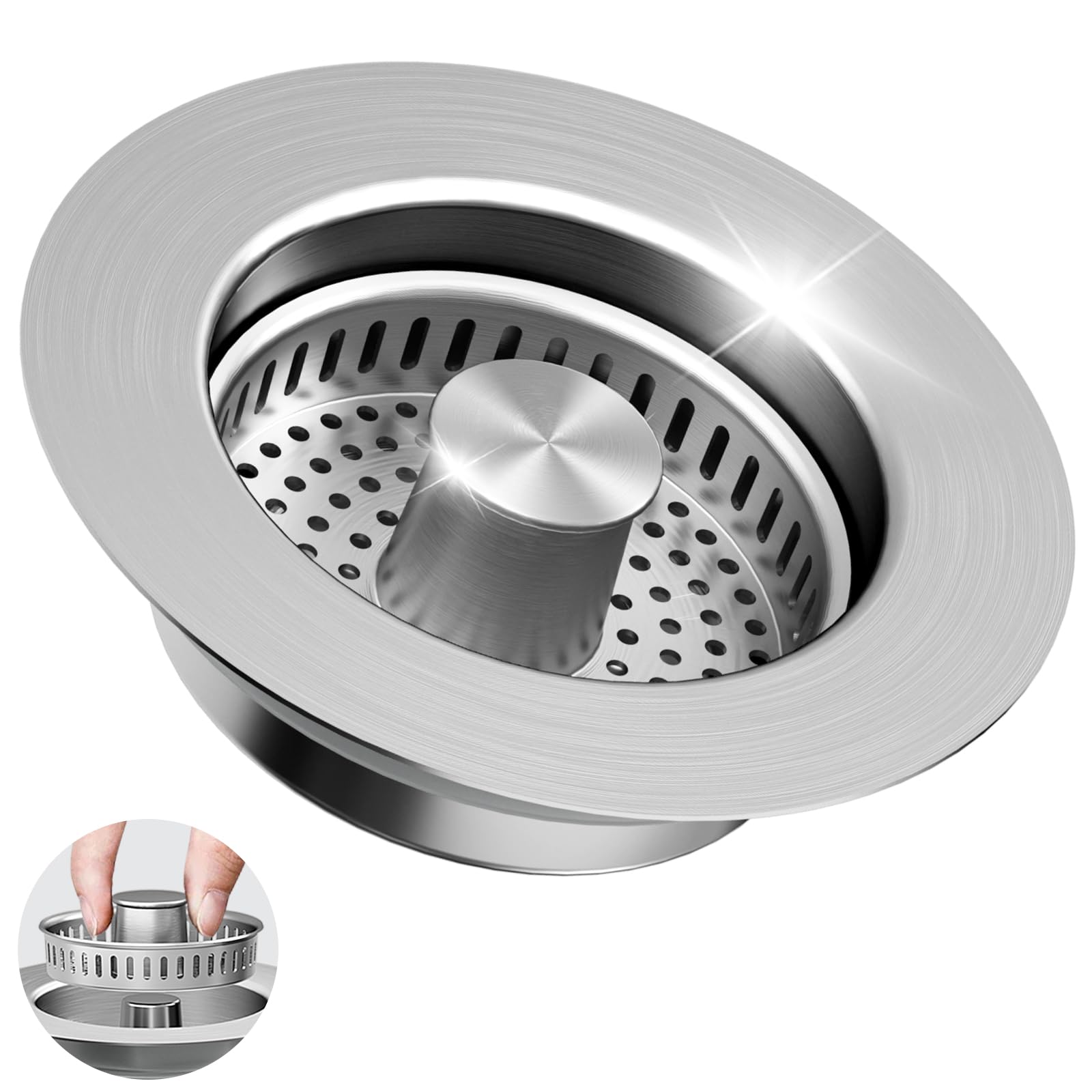 Photo 1 of 3 in 1 Kitchen Sink Drain Strainer & Sink Stopper, 304 Stainless Steel Pop Up Sink Drain Stopper with Anti-Clogging Basket for US Standard (Silver)