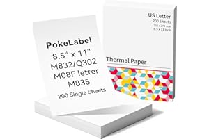 POKELABEL US Letter Thermal Paper 8.5 x 11 Inches, 200 Sheets, Thermal Printer Paper for M832 Q302 M08F-Letter M835 Portable Printer, Black on White, Writing Quick-Drying Printing Paper, Keep for 10-Year