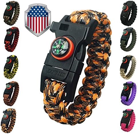 550 Paracord Survival Bracelet Kit 5-in-1 Hunting Gear with Emergency Knife, Compass, Fire Starter, Flint and Whistle by Exxceed, Orange Black Camo, Medium