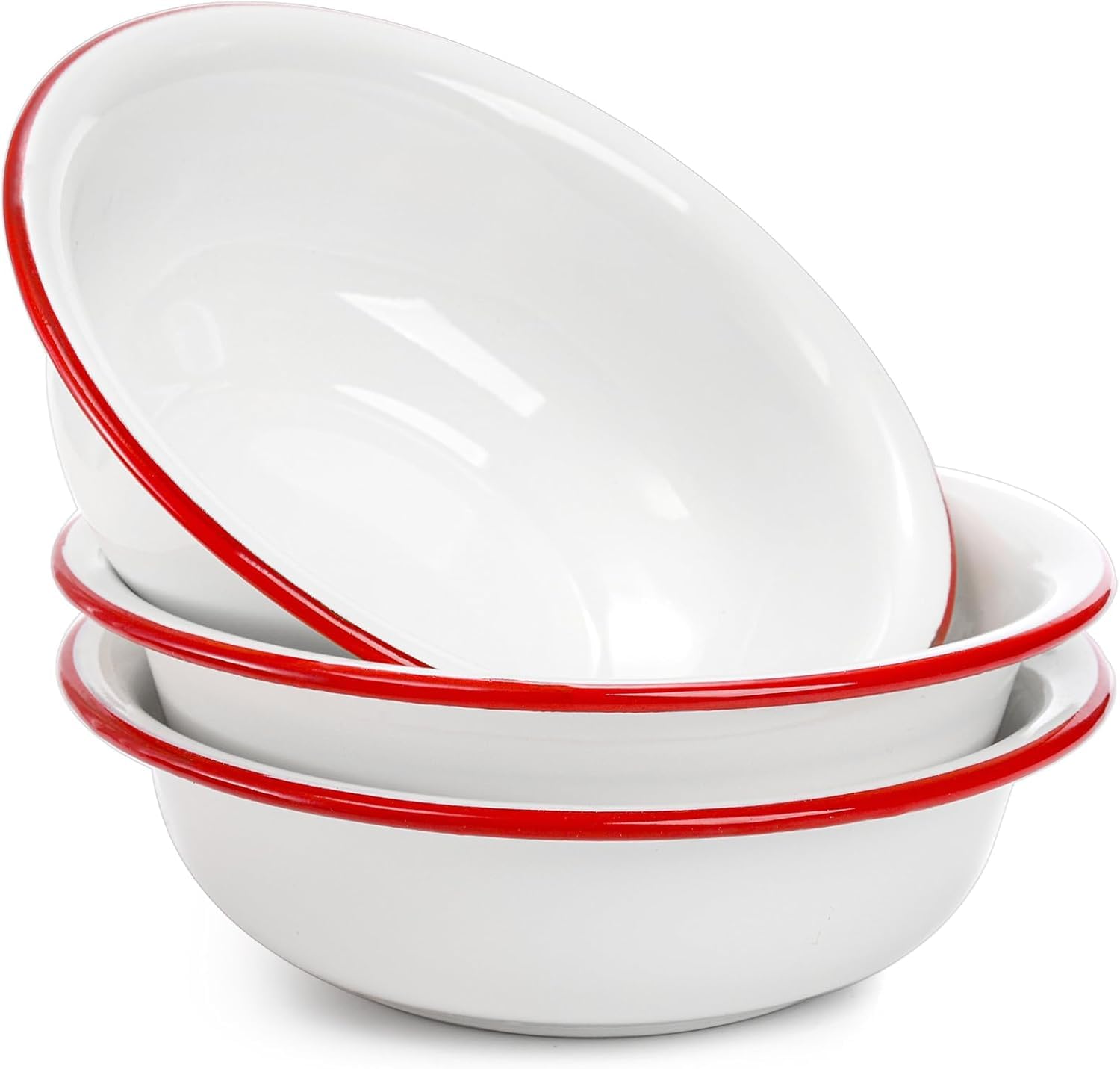 Elsjoy 3 Pack 22cm Enamel Bowl, 34 Oz Large Enamel Mixing Bowls Wide Salad Bowl with Red Rim, Vintage White Enamelware for Soup, Fruit, Pasta