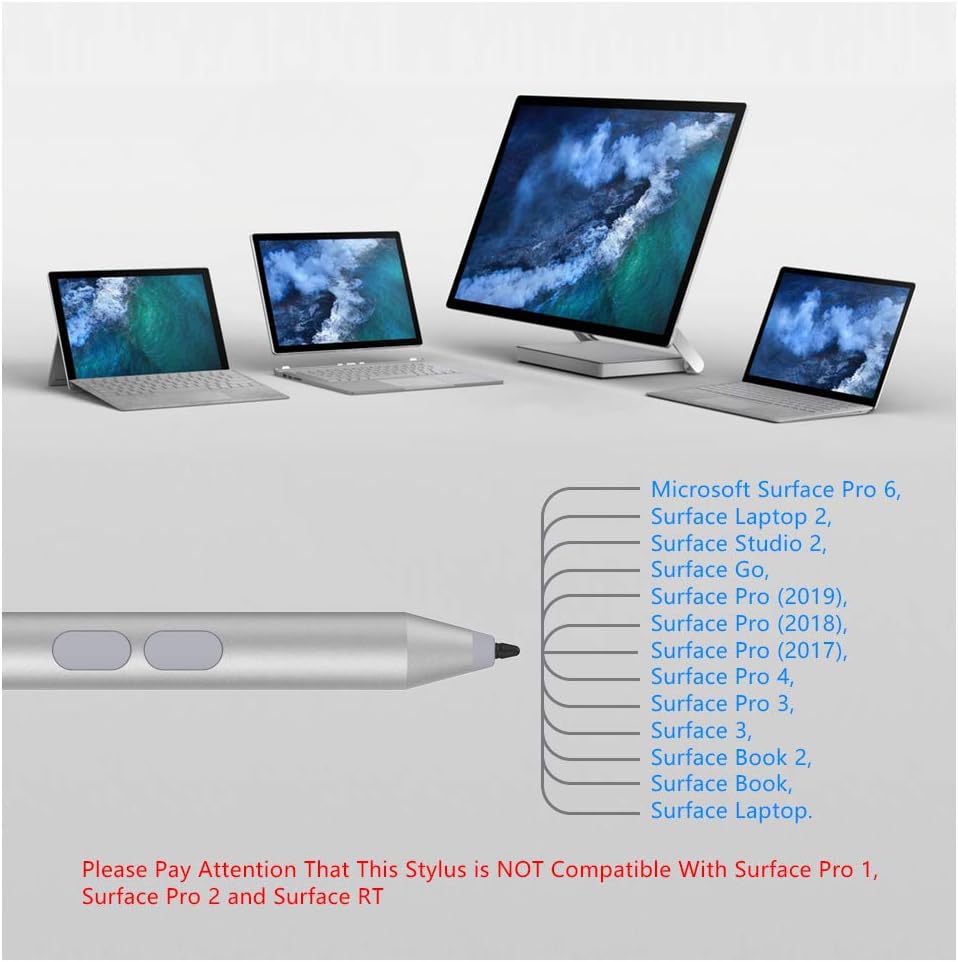 Amazon Surface 対応 タッチペン 1mm極細ペン先 右クリック 消しゴム機能 誤タッチ防止 高感度 1024筆圧 電池式 1500時間連続使用 5分電源自動オフ 替え芯付き Surface 3 Surface Pro 3 4 5 6 7 X Surface Laptop Book Studio Go Neoなどのmpp対応デバイスに対応