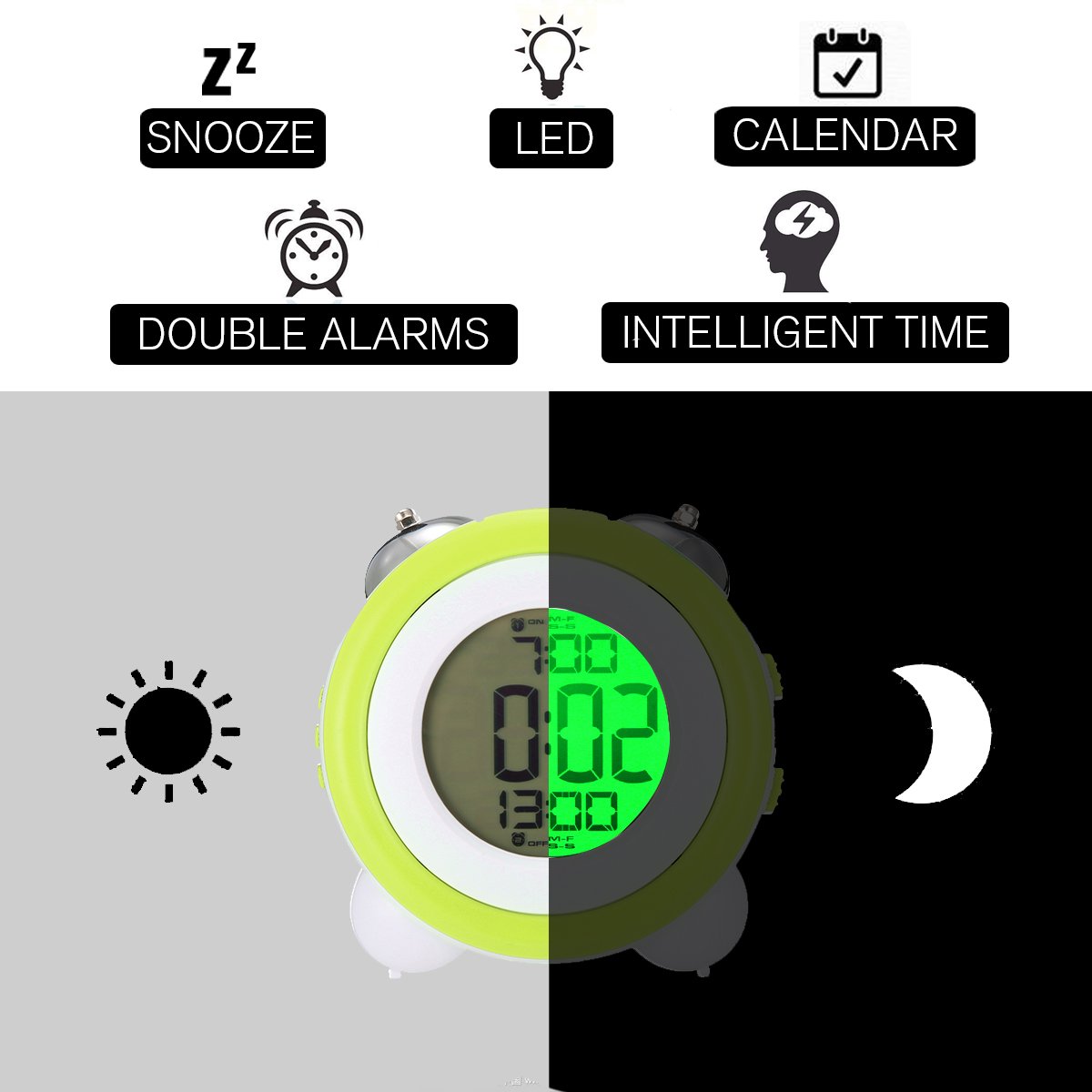 Jeteven LED Digitale ruhig Doppelglockenwecker,lauter Alarm,geräuschlos,großes Zifferblatt von 4 Zoll, 3*AA Batterien (Batterien nicht im Lieferumfang) Grün