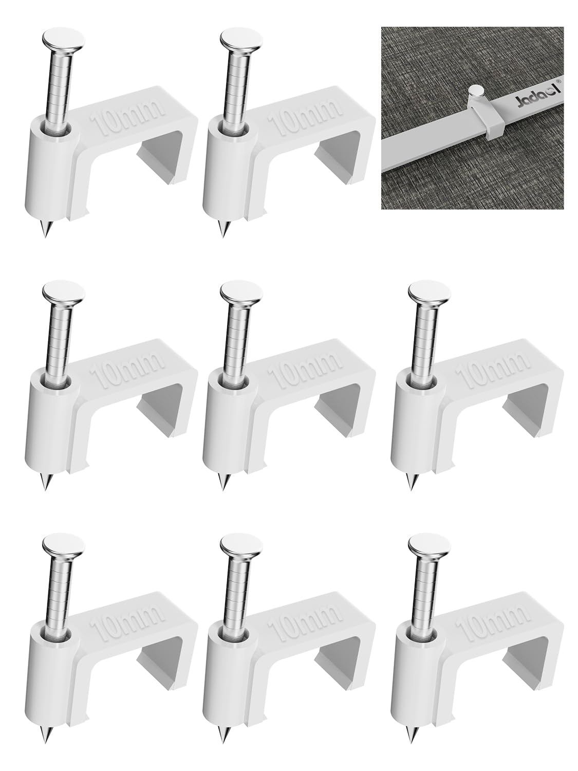 Photo 1 of Jadaol 100Pcs 10mm Cable Clips with Nails, Flat Ethernet Cable Wall Clips, LAN Network Cable Tacks, Coax & Speaker Wire Clips, Internet Patch Cord Clips for Cat5/Cat5e/Cat6/Cat6a/Cat7/Cat8 RJ45 Cable
