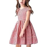 KYMIDY Girls Casual Dress Short Sleeve Buffalo Check Red White Plaid Dresses for Kids 2-8 Years