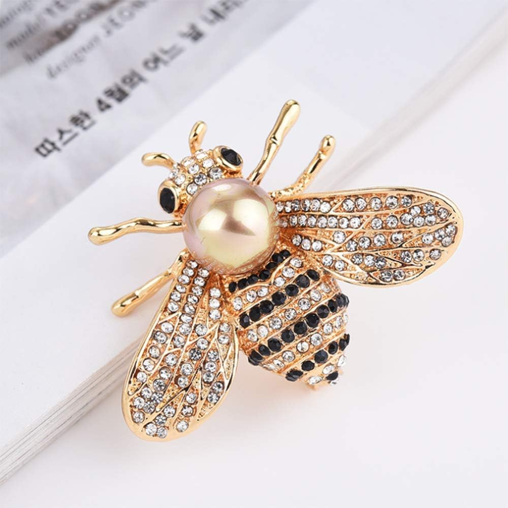 HSQYJ Honey Bee Brooches Crystal Insect Themed Bee Brooch Animal Fashion Shell Pearl Brooch Pin Gold Tone (Gold Pearl) - Image 3