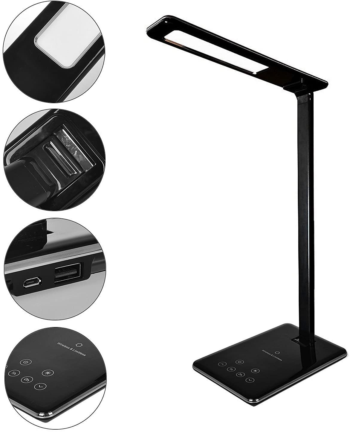 Wireless Charger lamp Desk Lamp Dimmable Touch Eye-Care, 4 Color Brightness Adjustable & Timer Poweroff (Black)