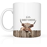 LONGXIN Funny Highland Cow Gifts Western Gifts for Women 11 oz Coffee Mug Cup Farmhouse Party Ceramic Cup Hello Sweet Cheeks