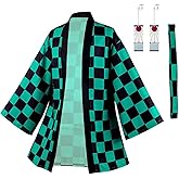 IOONCHI Tanjirou Robe Adult Green Plaid Cloak Kamado Tanjirou Cosplay Costume Color Block Kimono Cardigan Jacket Earrings Set