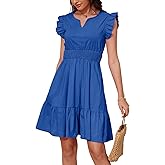 Jayscreate Women's Ruffle Sleeve Layered Dress Pockets Elastic Waist 2025 V Neck Above Knee Summer Casual Cute Dress