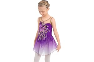 AFAVOM Figure Skating Dress for Girls - Sequin Flower Mesh Ice Skating Ballet Dance Leotard for Competition Costume