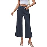 Famulily Womens Button Down Wide Leg High Elastic Waisted Capri Pants Casual Dressy Cropped Pants with Patch Pockets