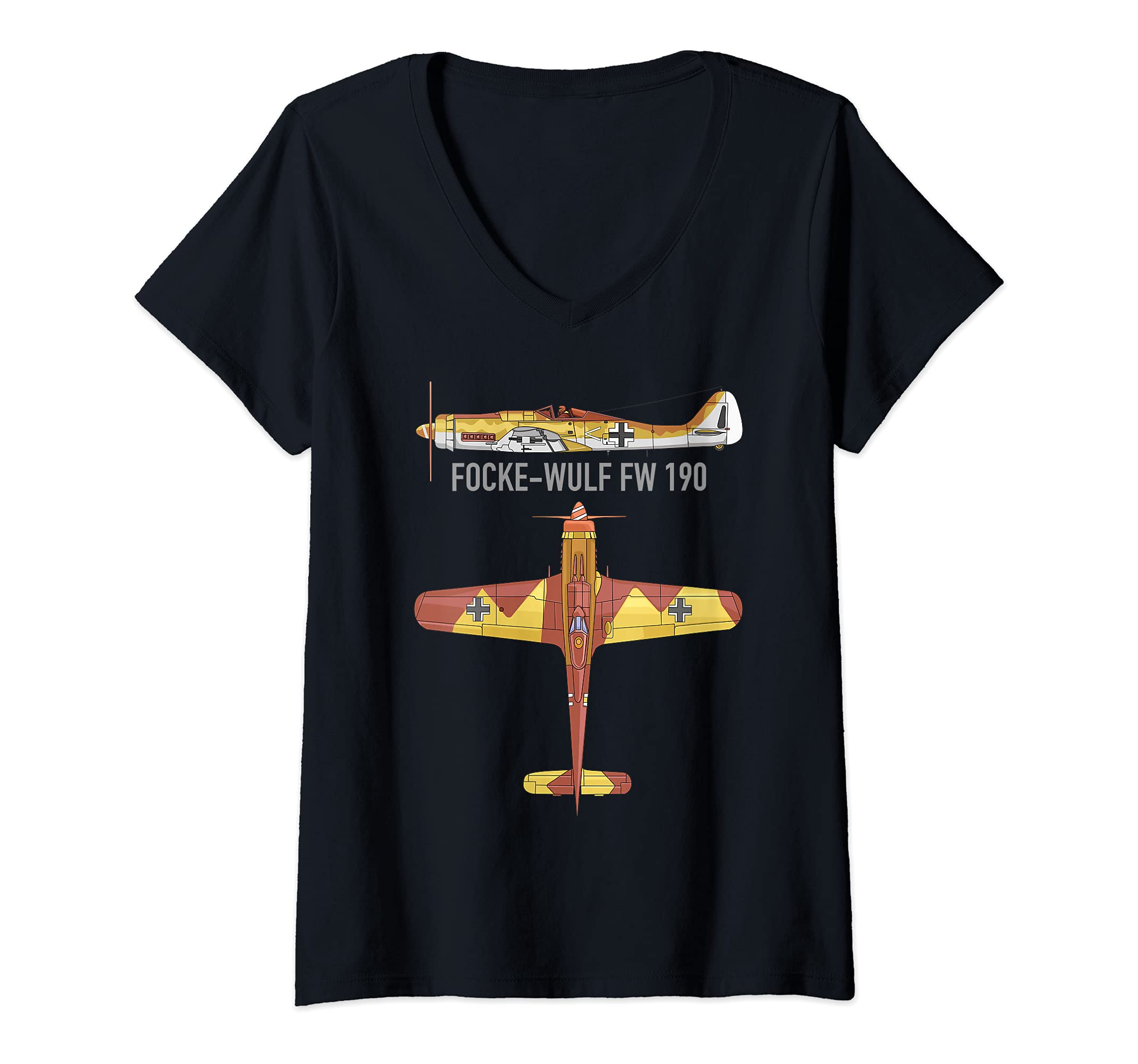 Womens Focke-Wulf Fw 190 German WW2 Fighter Aircraft Plane Diagram V-Neck T-Shirt