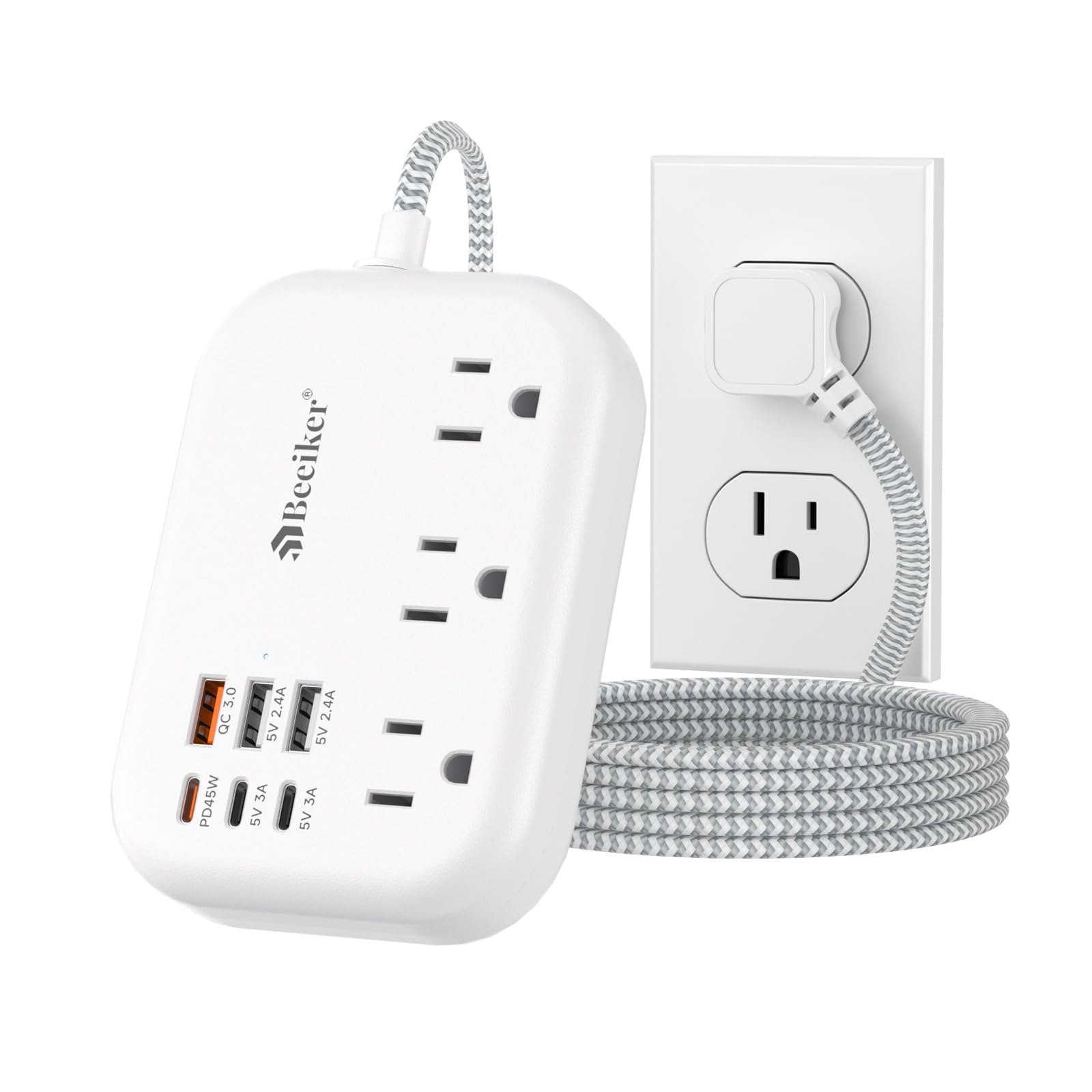 PD45W USB C Travel Power Strip, Cruise Power Strip with 6 USB(3 USB C) Ports and 3 Outlets, 5Ft Flat Plug Braided Extension Cord, 45W Fast Charging Station for MacBook Laptops iPad Pro iPhone Samsung