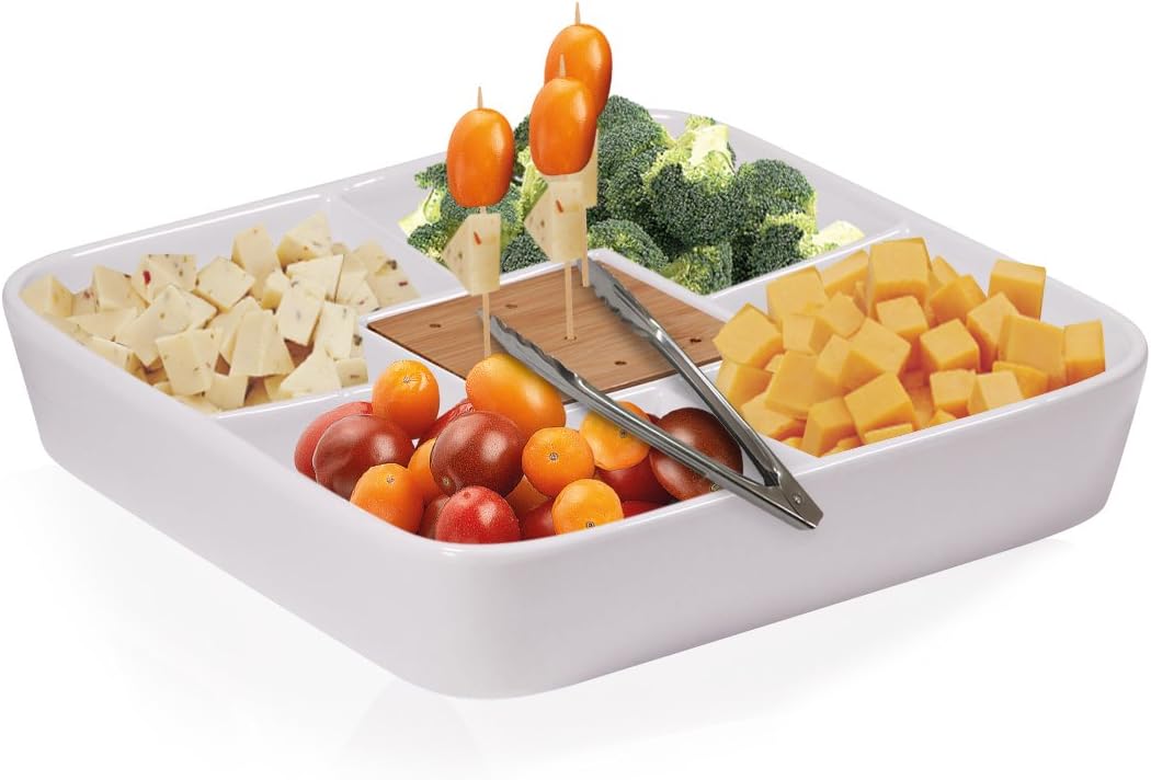 Durable White Ceramic Serving Platter with Serving Tong, Divided Serving Tray for Appetizers, Salad Bar with Bamboo Toothpick Holder