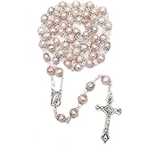 Jirehjill Rosary Beads Catholic for Woman - Pink Natural Real Pearl Rosary Beads.