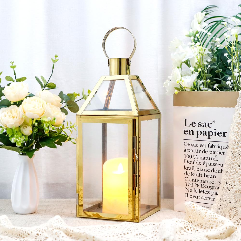 Photo 1 of JHY Design Gold Decorative Lanterns 16" H Stainless Steel Candle Lanterns with Tempered Glass for Indoor Outdoor Events Parities and Weddings