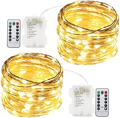 Ruichen TM Dimmable Silver Wire LED Starry Lights 33ft 100 LED with Timer Remote + Battery Powered 8 Light Modes Waterproof Outdoor Indoor Decorative Lights for Party, Patio(Warm White,2 Pack)