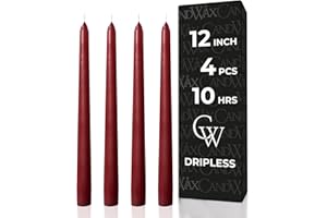 CANDWAX 12 inch Taper Candles - Set of 4 - Dripless and Smokeless - Unscented - Slow Burning - Perfect for Dinner and Household - Burgundy Candles