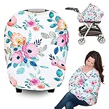 Little Pigeon Carseat Canopy Cover Nursing Breastfeeding Cover Scarf Stretchy Soft Fits Baby Car Seat Carrier Shopping Cart Infant Stroller Multi Use Floral Pink Gift for Baby Girl 