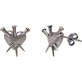 Paialco Gothic Sterling Silver Nailed Heart Earrings Pierced Studs, Oxidized Jewellery for Women