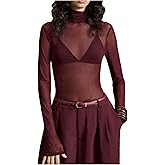 RoseSeek Women's Sheer Mesh Tops Turtle Neck Long Sleeve T Shirts Slim Fit Tops Fall Outfits