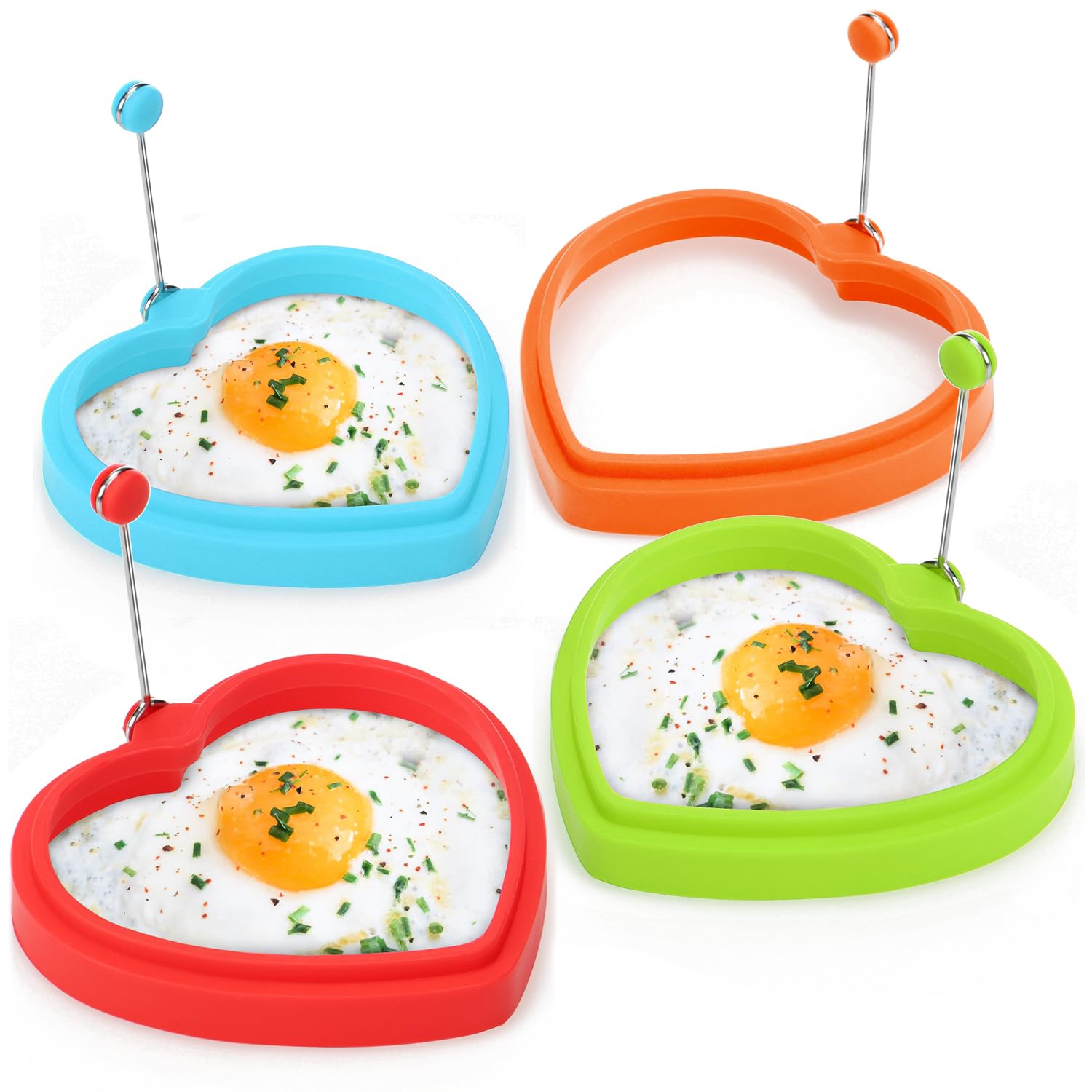 COM-FOUR® 4X Omelette pan Shape Heart, for Fried Eggs and Pancake, Silicone Heart with Heat Protection Handle - Frying pan for Omelette Pans (04 Pieces - Heart - Colorful)