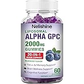Nelishine Liposomal Alpha GPC 2000mg & Citicoline Gummies Complex Phosphatidylserine,Ginkgo Biloba,L-Tyrosine,Huperzine A & B Vitamins,20-in-1 Blend for Focus, Memory & Cognitive Support