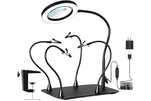 KUVRS 5X&10X Magnifying Glass with Light and Stand, Flexible Magnetic Helping Hand, Large Base & Clamp Magnifying Lamp, 3 Color Adjustable Arm Desk Magnifier with Light for Soldering Craft Hobby