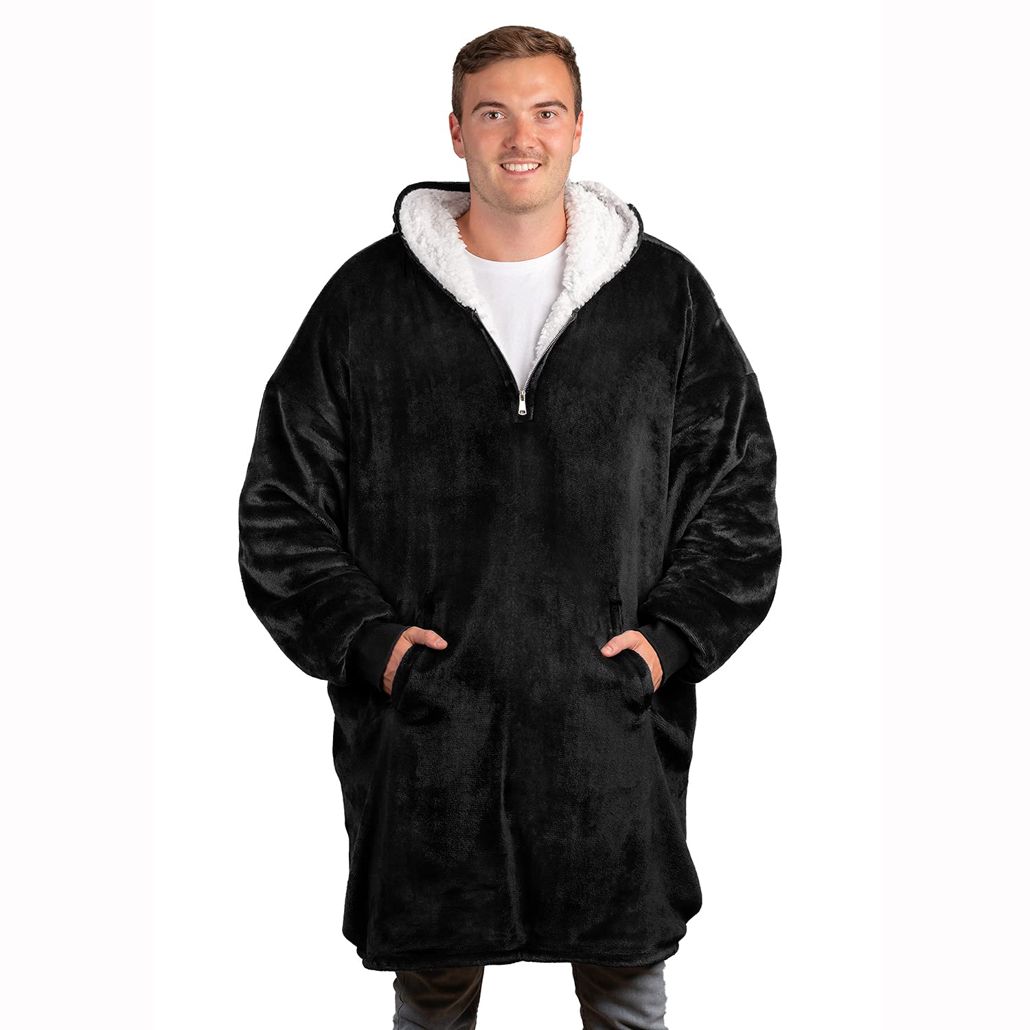 Blanket Hoodie, Oversized Hoodie Blanket, Sherpa & Fleece Wearable Blanket Hoodies for Women & Men, Comfy & Fluffy Hooded Blanket, Black Hoodie, The Big Softy® (Black)