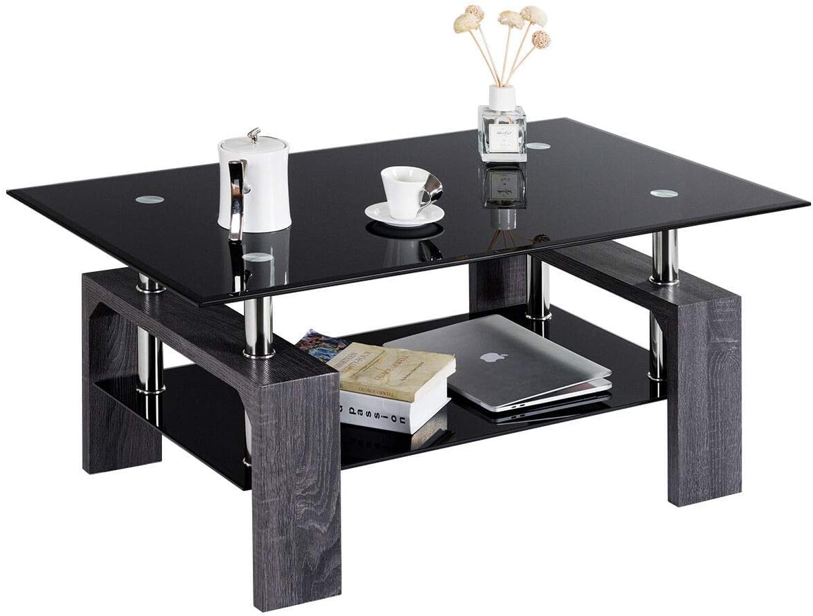 Amazon Com Black Rectangular Tempered Glass Coffee Table With 2 Shelves Providing Ample Storage Space Sleek Corner Design Multifunctional Can Be Used At Living Room Bedroom Office Home End Side Table With Shelve