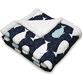 Lush Decor Whale Throw | Ocean Animal Print Fuzzy Reversible Sherpa Blanket - 60” x 50”, Navy