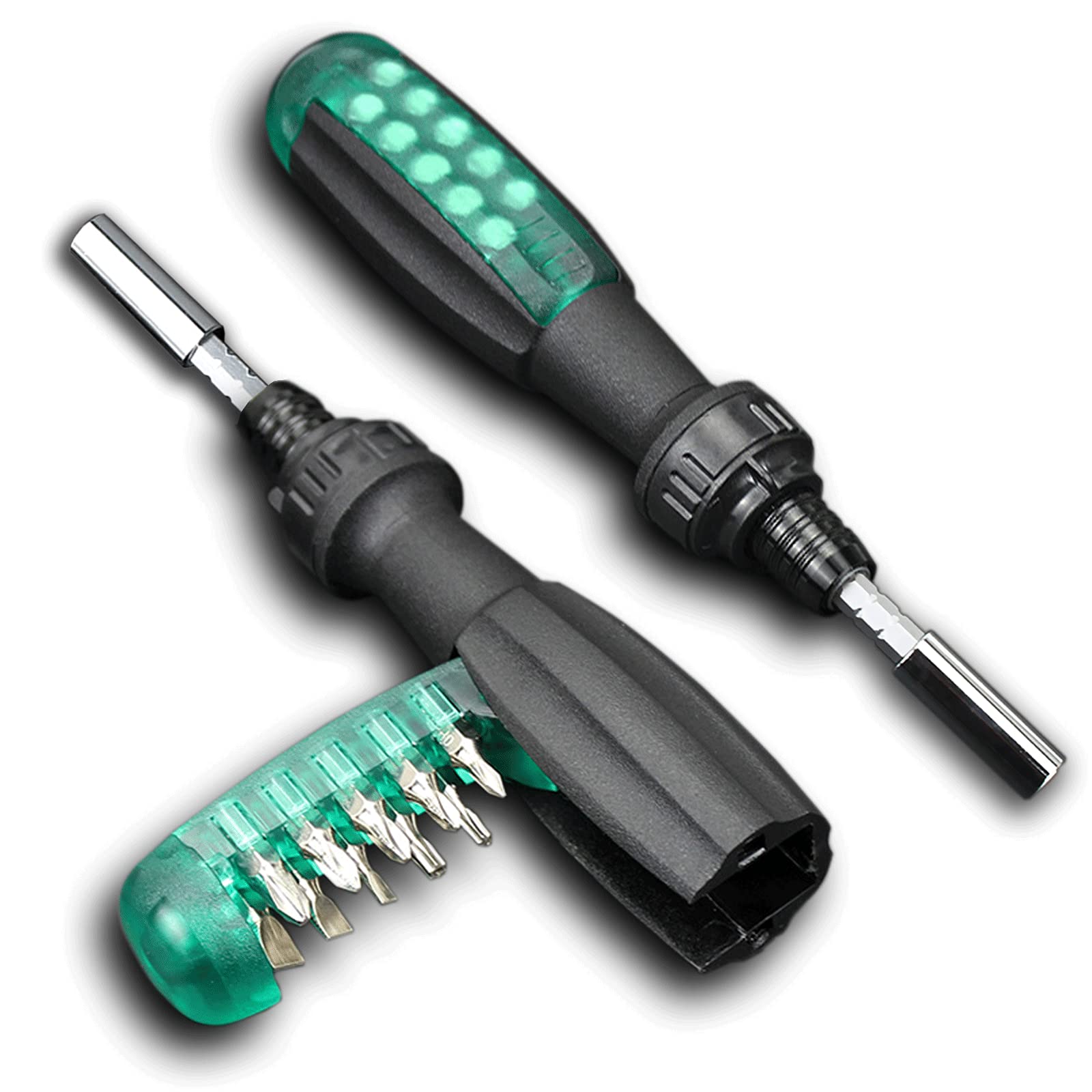 Deselen Ratchet Screwdriver with Magnetic 10 Bits, 10 in 1 Mini Screwdriver Set Pocket Design, Multi Tool Bit Holder in a Grip, Tool Kits for Home, Green, 1 Pack