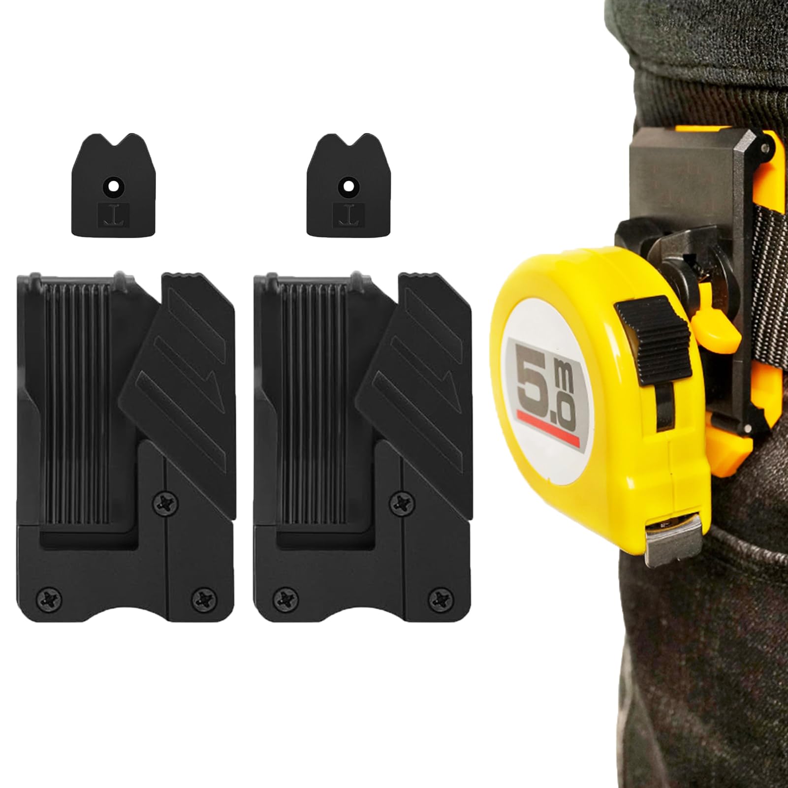 2 Pack Tape Measure Holder for Belt, Universal Tape Measure Belt Clip, Quick-Draw Quick-Lock Low-Profile Measuring Tape Holder Set for Pouch Pocket, Electrician Carpenter Plumber Accessories (Black)
