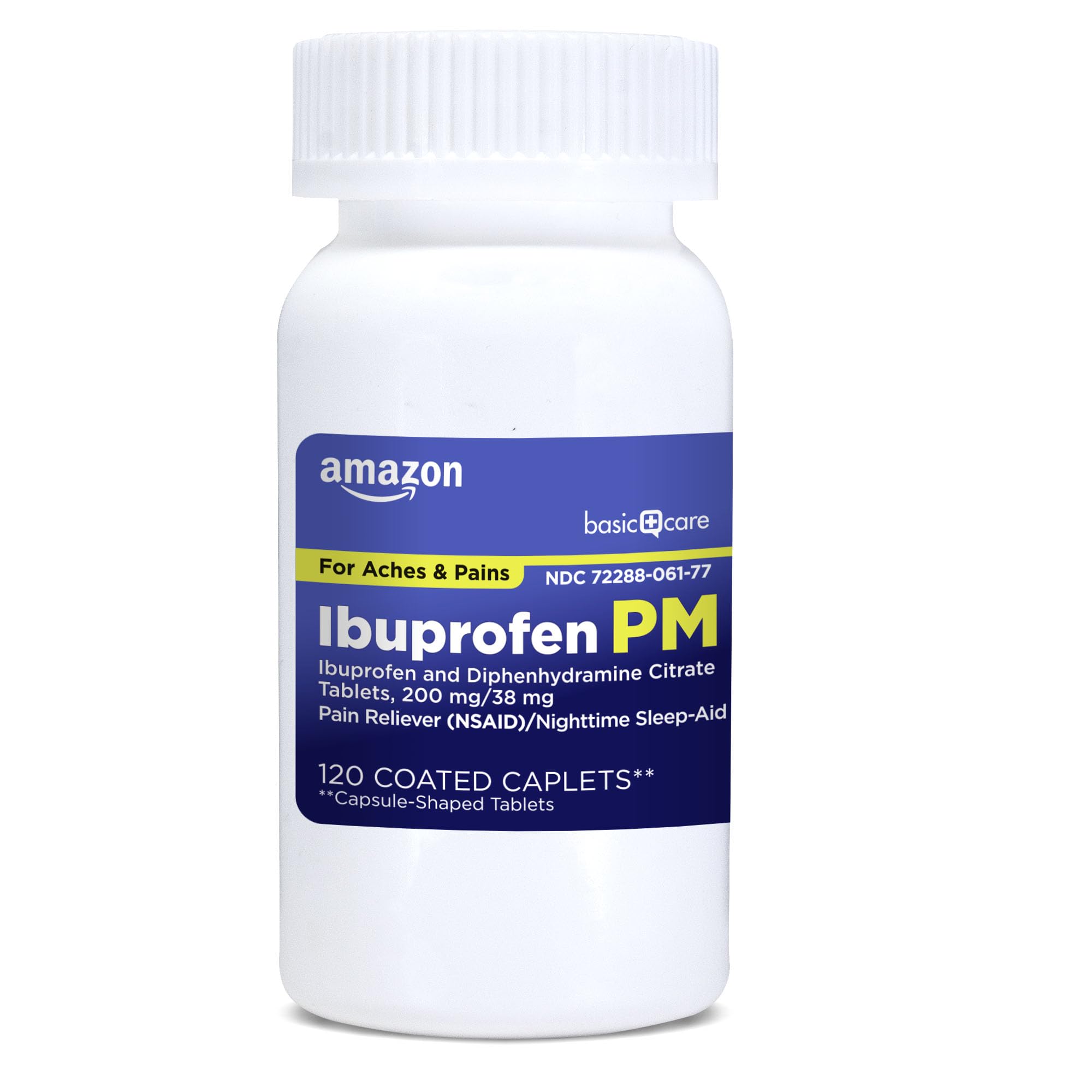 Amazon Basic Care Ibuprofen PM, Ibuprofen 200 mg and Diphenhydramine Citrate 38 mg Tablets, Pain Reliever and Nighttime Sleep-Aid, 120 Count (Packaging may vary)