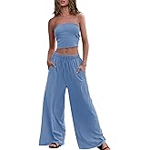 Panadila Womens Summer Lounge Sets 2 Piece Outfits Tube Top and Wide Leg Pants Matching Set Beach Vacation Clothes