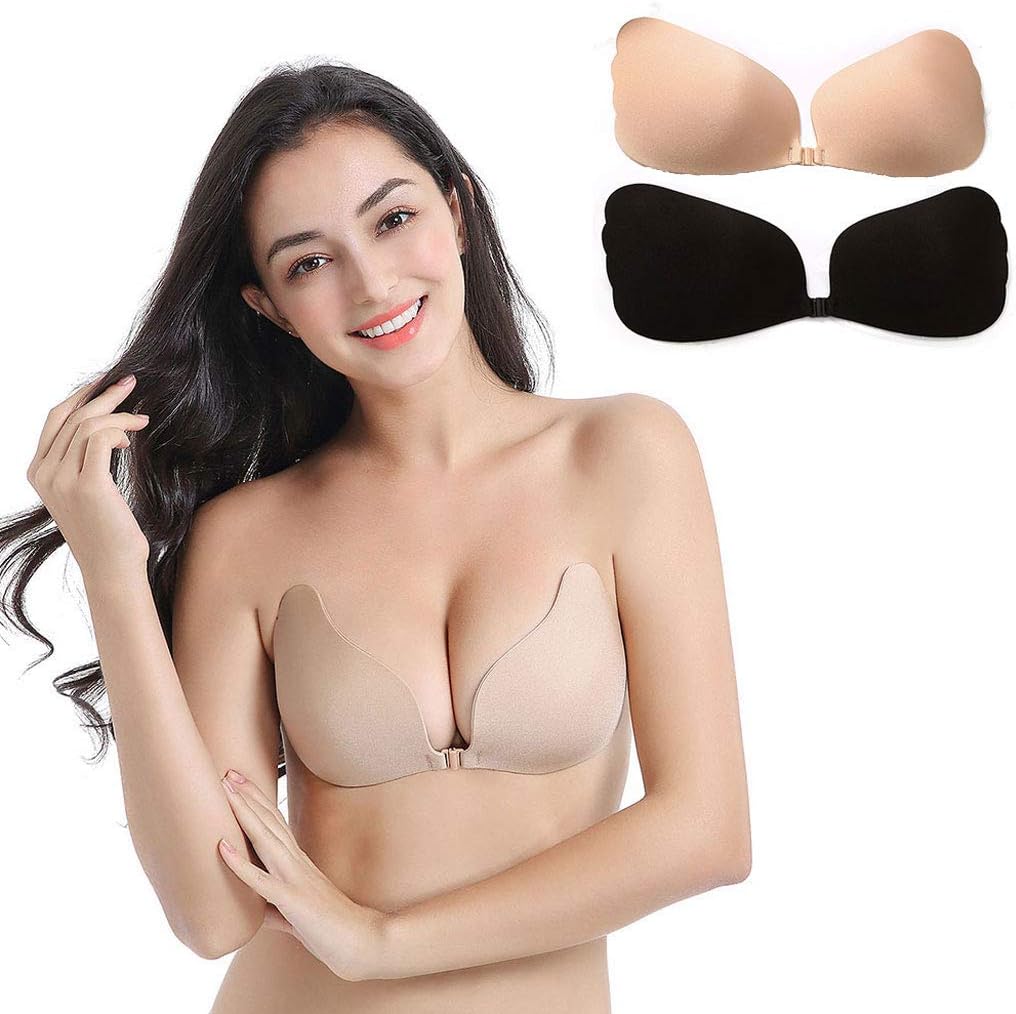 2 Pack Women's Sticky Strapless Self Adhesive Backless Dress Bra Adhesive Invisible Backless Push Up Strapless Sticky Bras