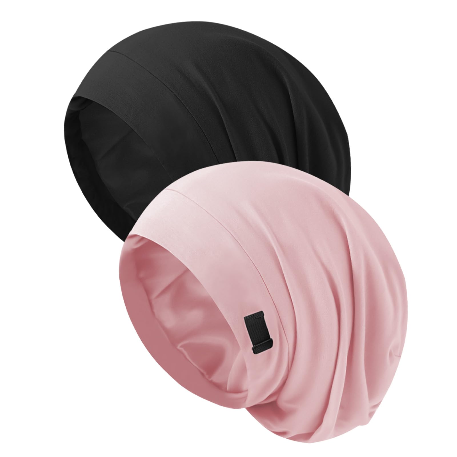 Photo 1 of Silk Bonnet for Sleeping Women, Adjustable Silky Satin Lined Sleep Cap, Silk Hair Wrap for Sleep Night Cap for Natural Curly Hair 2PCS(Black&Pink)