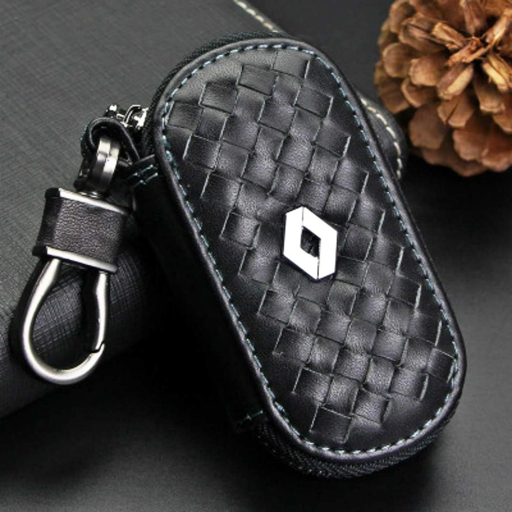 VSLIH Car Key case,Genuine Leather Car Smart Key Chain Keychain Holder Metal Hook and Keyring Zipper Bag for Remote Key Fob (Black,for Renault)