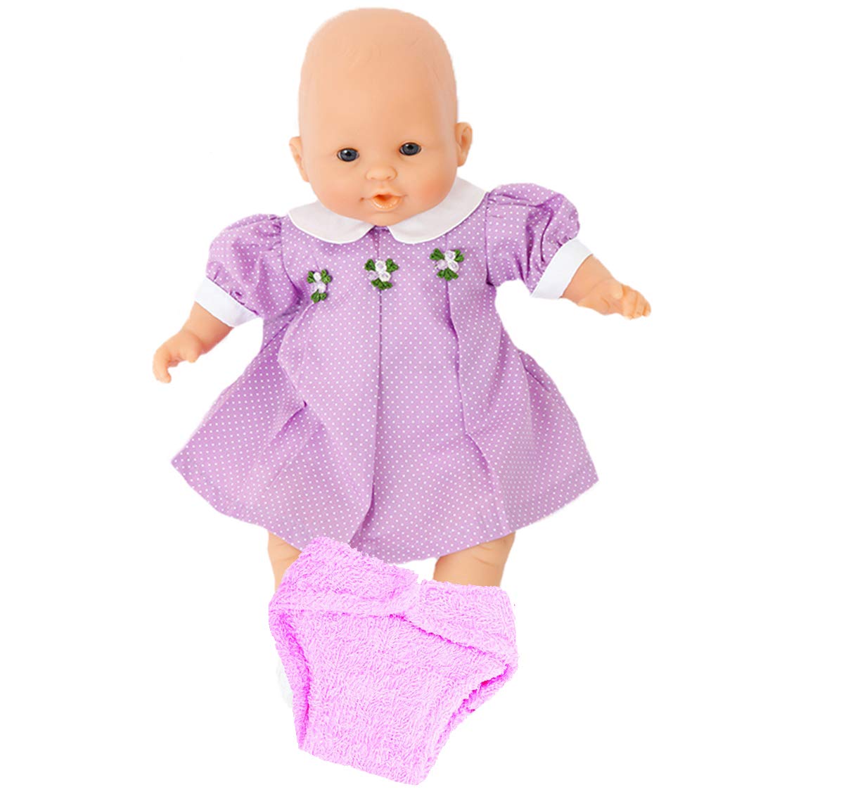 U.K Company Lilac Spotty Dress and Pink Nappy for Dolls 12-14 inch (30-36 cm)Such as My Little Baby Born and My First Baby Annabell DOLL AND SHOES NOT INCLUDED