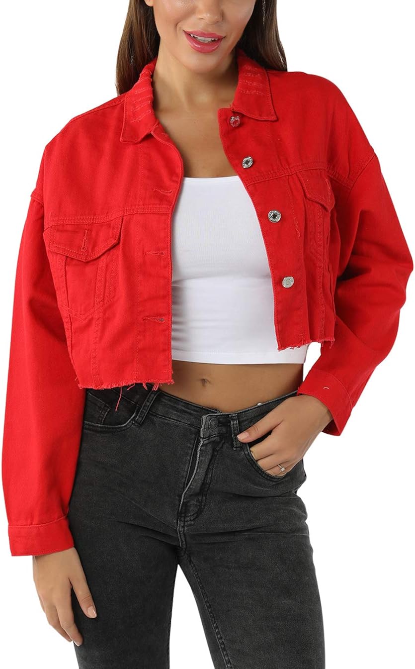 Veste en Jean Déchiré YoungSoul Blouson Jean Oversize Femme Courte Manches  Longues Blousons Vêtements