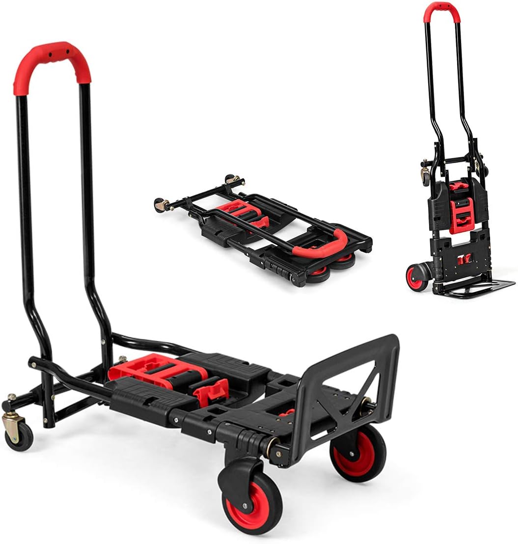 Goplus Folding Hand Truck, 2 in 1 Convertible Dolly, Multi-Functional Utility Cart, Heavy Duty Iron Frame Portable Truck Cart